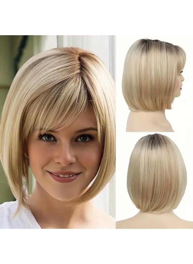 Brown Golden Blonde Short Wavy Bob Wig 12 Inch No Lace Glueless Heat Friendly Synthetic - Image 1